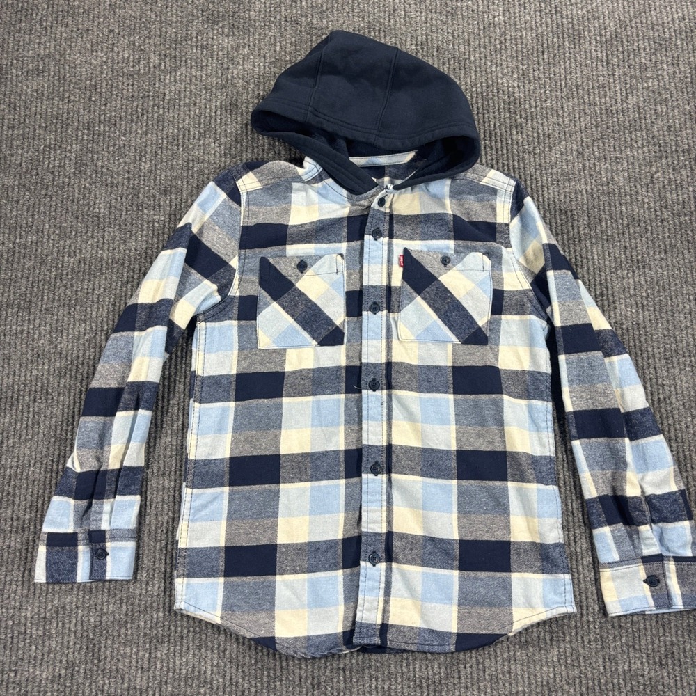 Levi's Hooded Flannel Shirt Kids Size L 10/12 Blue Plaid Long Sleeve Button Up - Picture 2 of 7